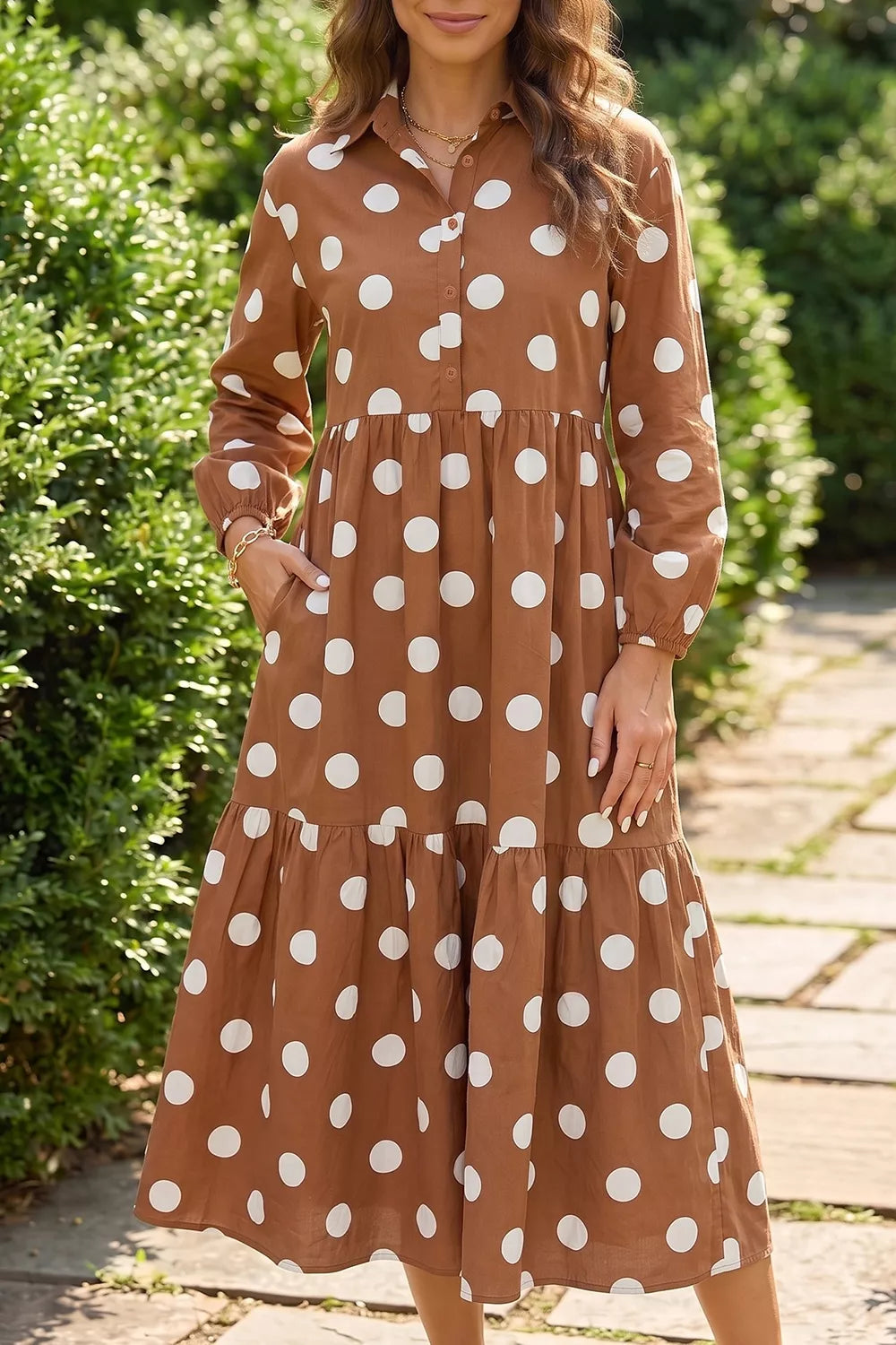 Camel Polka Dot Button Front Long Sleeve Shift Dress