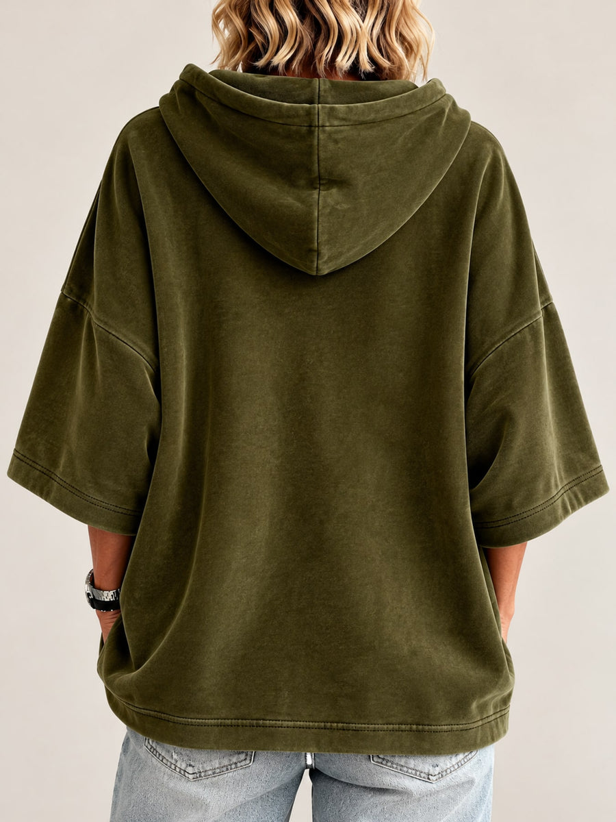 Velvet Half Sleeve Hoodie Plus Size in Olive Green with drawstring