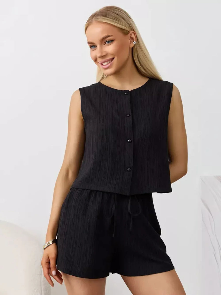 Black textured cotton tank and shorts set with button front and drawstring waist.