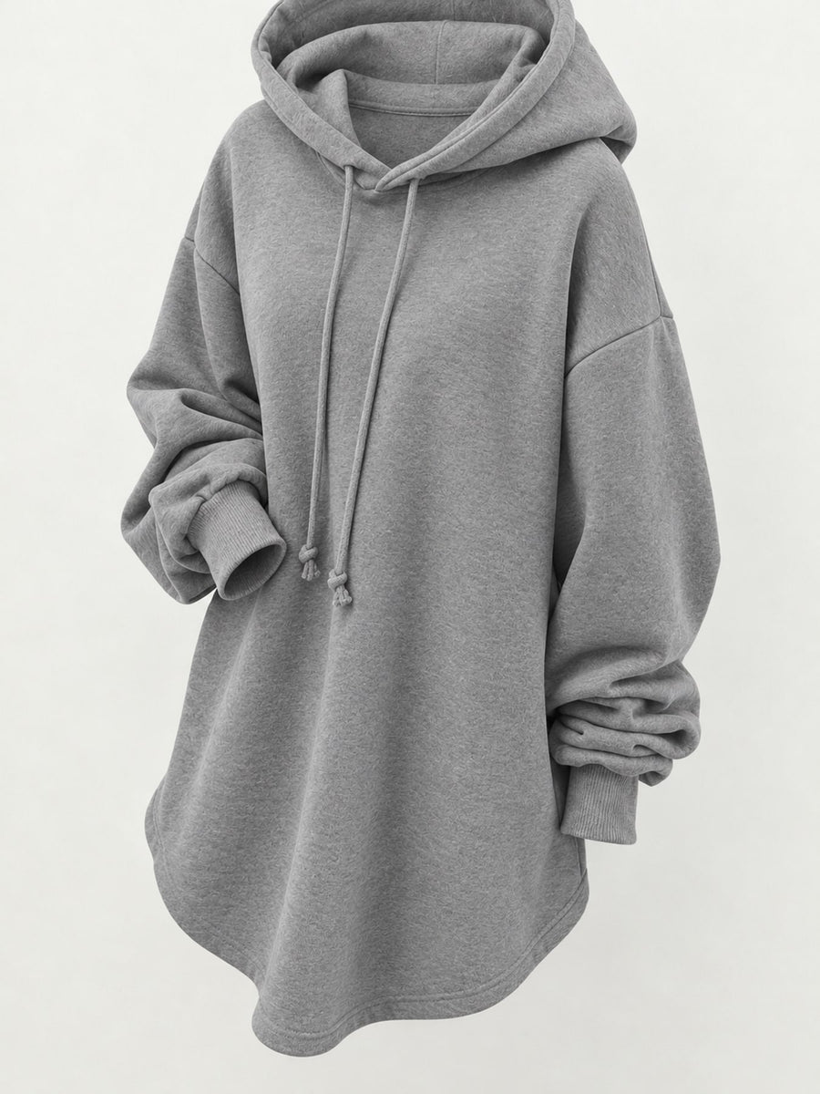 pullover hoodie in black with drawstring and tunic-length