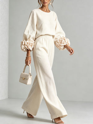 two-piece set in White with pocketed and hip-length (top), full-length (pants)