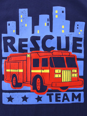 Navy cotton t-shirt with red fire truck graphic and Rescue Team text
