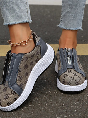 Logo print zip-up platform sneakers in tan with gray accents and a white platform sole.
