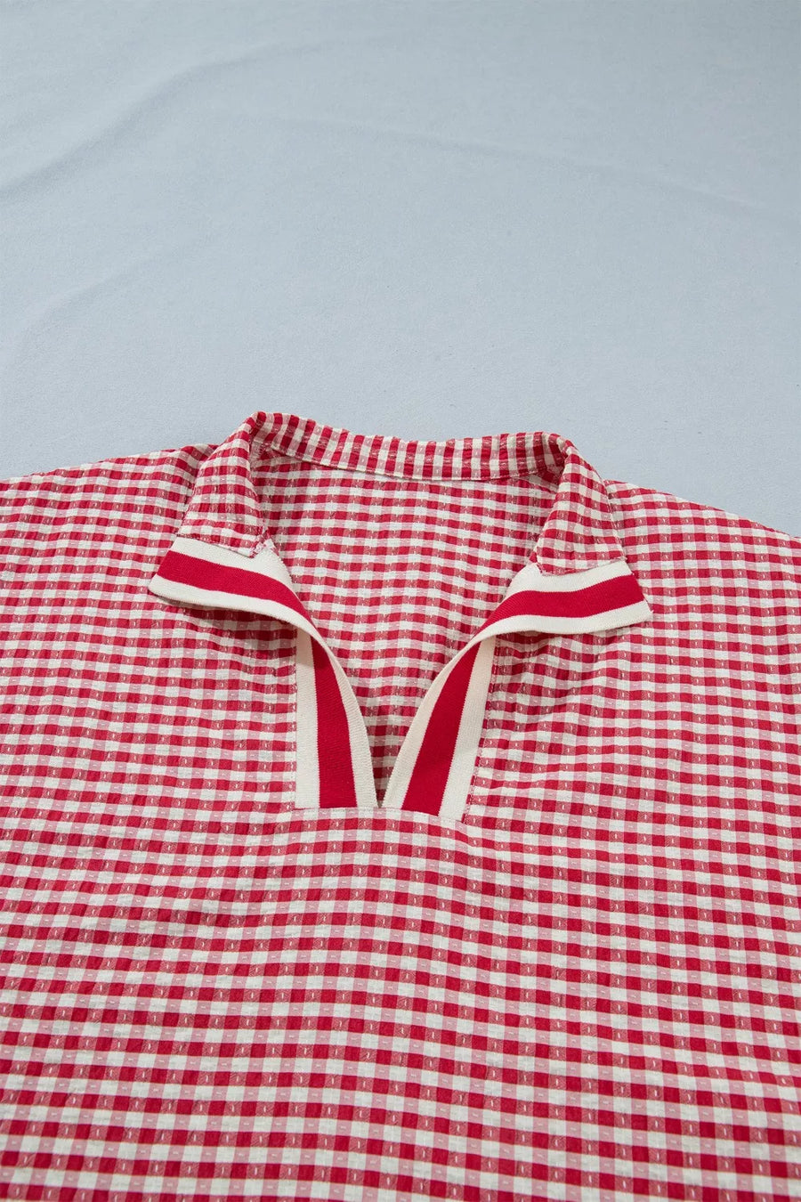 Red gingham checkered maternity overshirt with striped collar detail