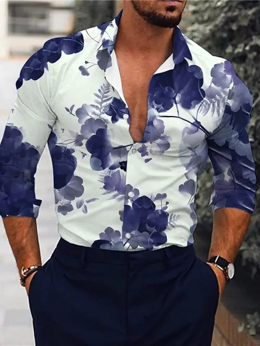 Light Blue Men's Full Size Floral Print Button-down Shirt