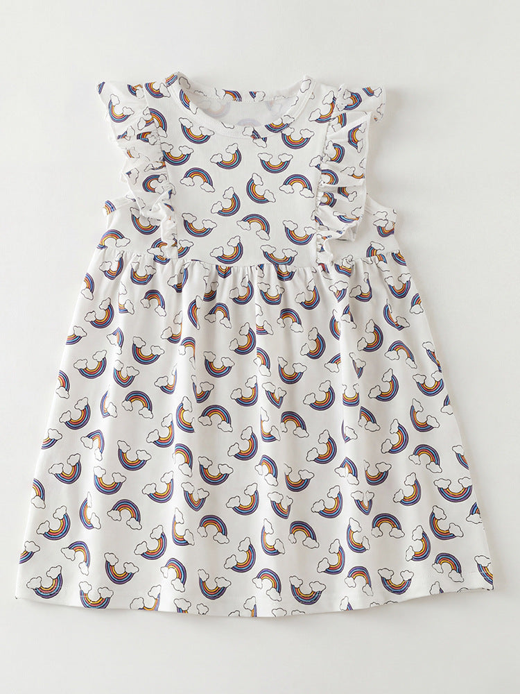 Children's Rainbow Print Ruffle Sleeve Dress