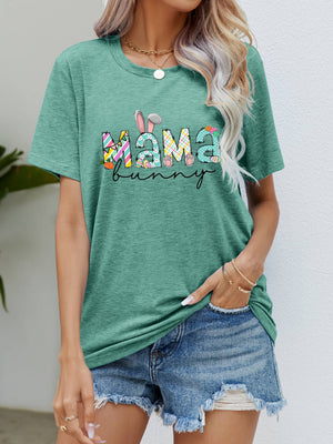 Mama Bunny graphic tee in Gum Leaf green with Easter-themed lettering and bunny ears.