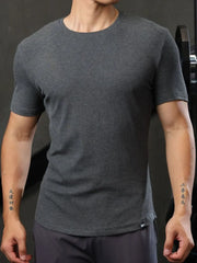 Sculpted ribbed crewneck tee for him in dark gray, short sleeves, crew neck.