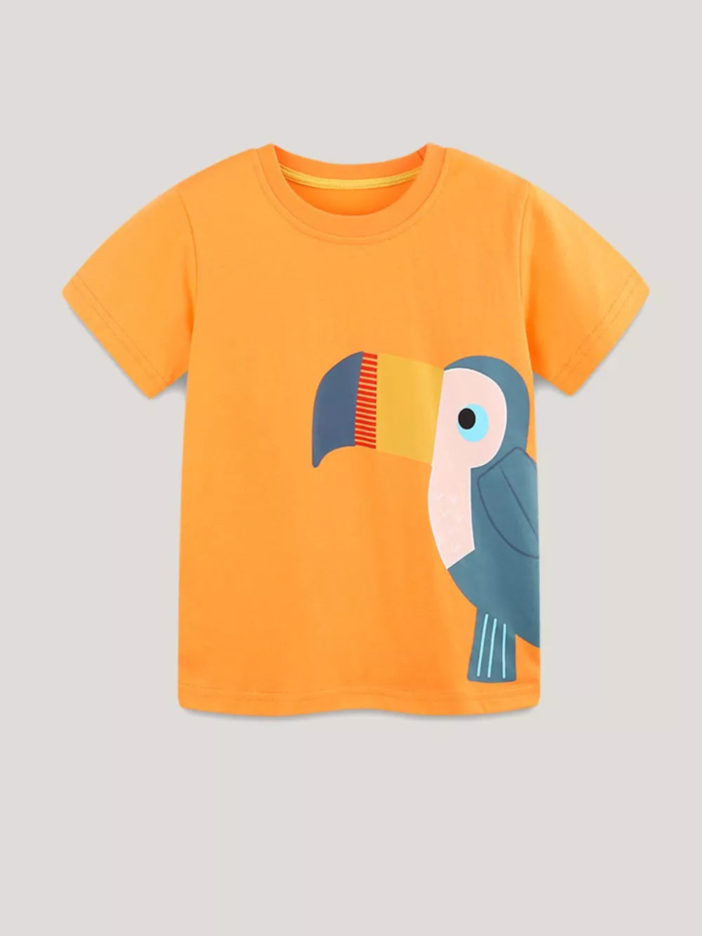 Orange cotton crew neck t-shirt with a playful toucan graphic.