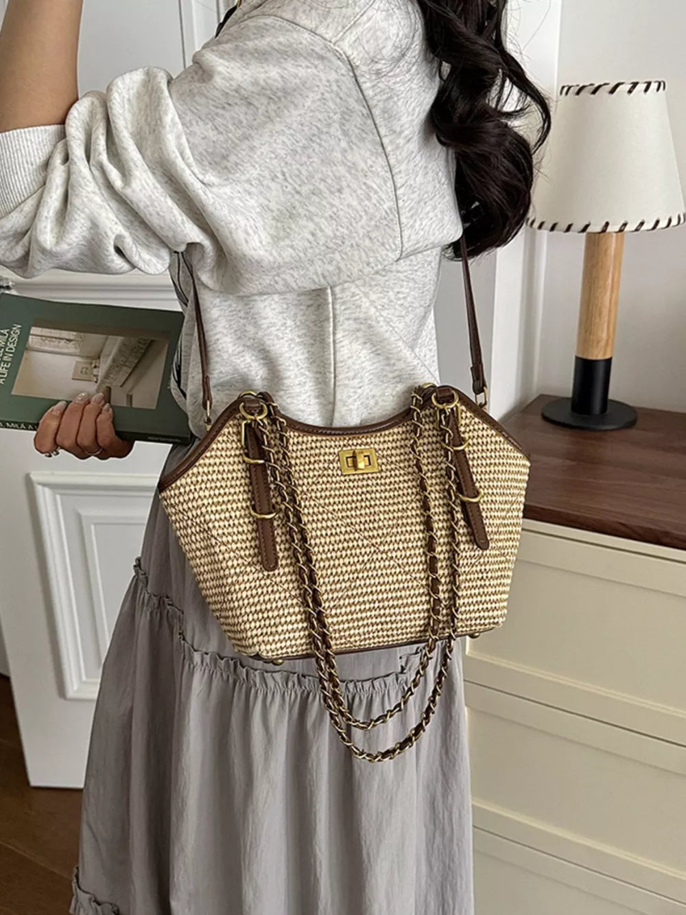 crossbody bag featuring geometric in light tan with PU Leather, Straw weaving Imported Size &amp texture