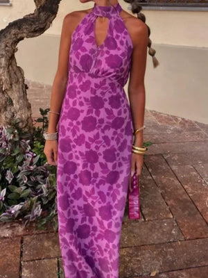 deep purple maxi dress featuring cutout and floral