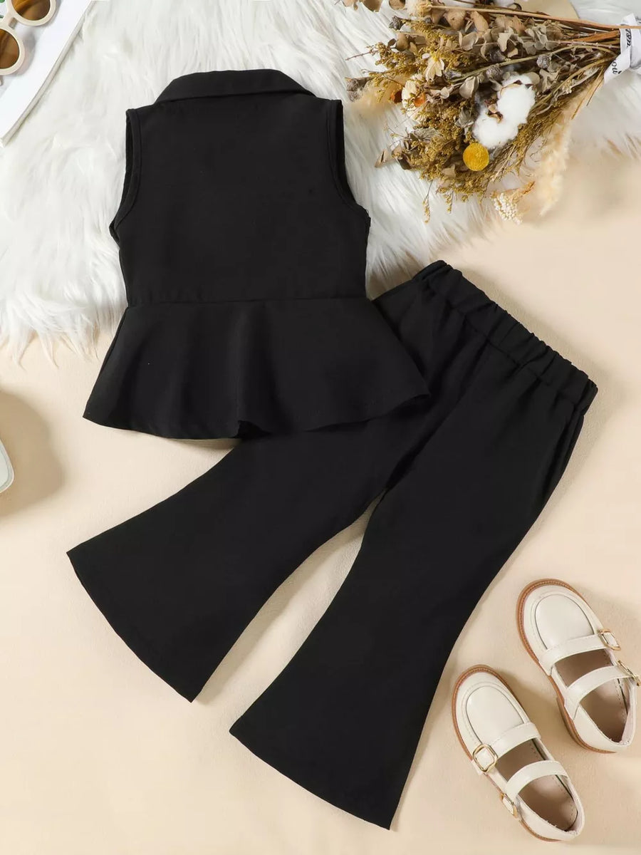 Black sleeveless peplum blazer and flare pants set for baby girls.