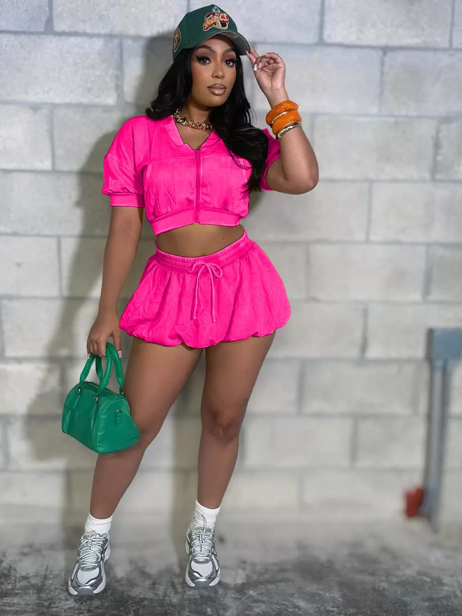 Rose Red zip-up crop top and drawstring shorts set with short sleeves and a v-neck.
