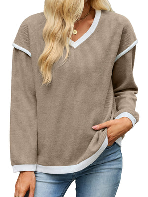cream v-neck sweater with dropped shoulder and long sleeve