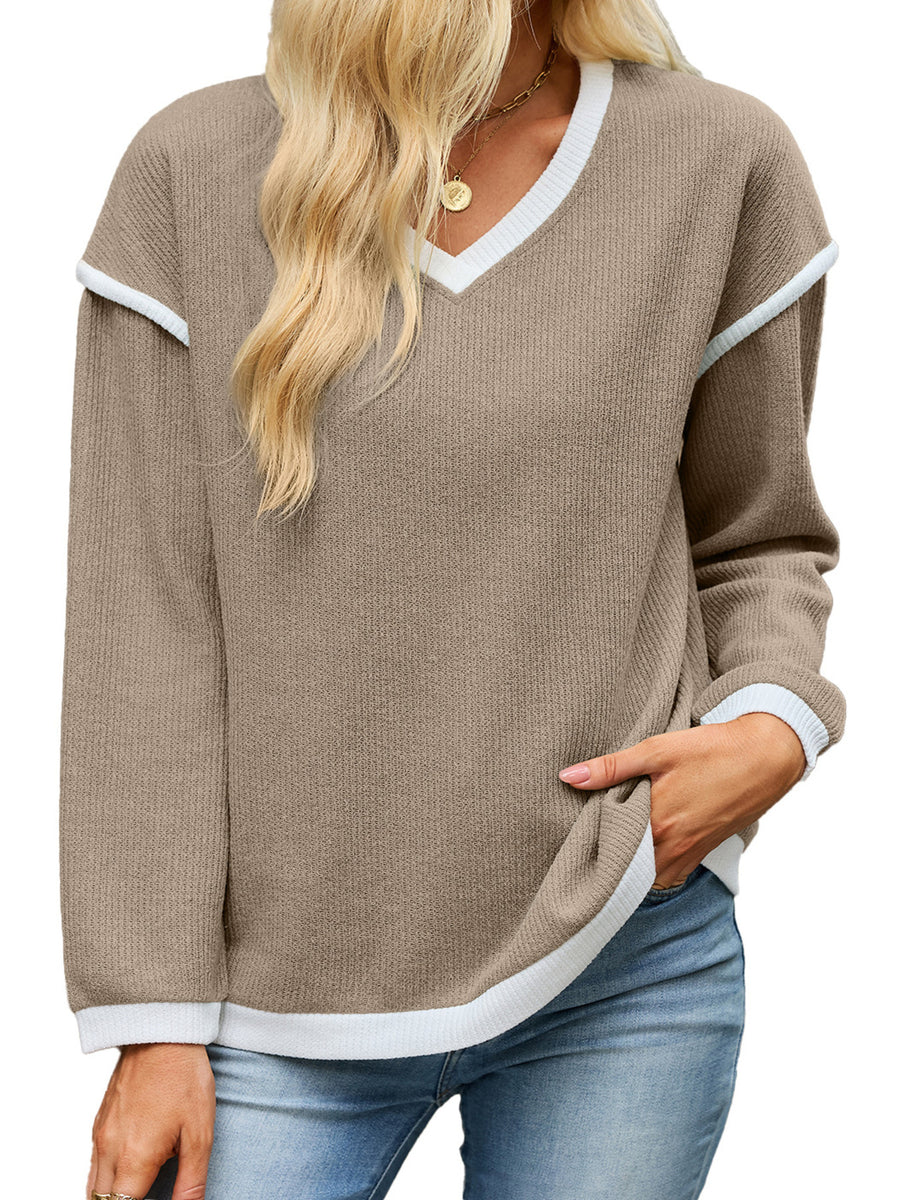 cream v-neck sweater with dropped shoulder and long sleeve