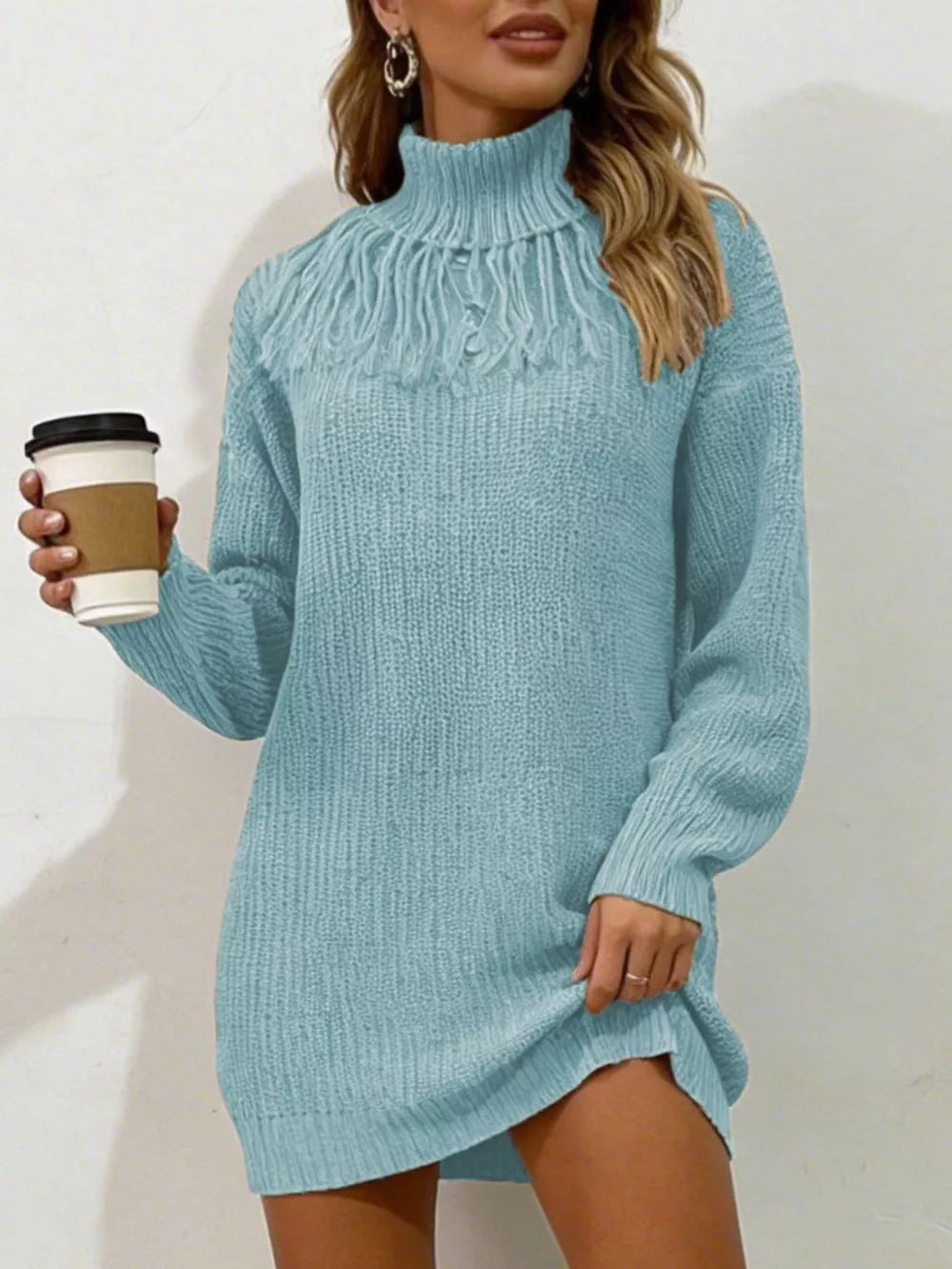 Full Size Turtleneck Fringe Sweater Dress in Burgundy