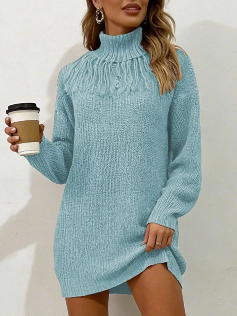 Full Size Turtleneck Fringe Sweater Dress in Burgundy