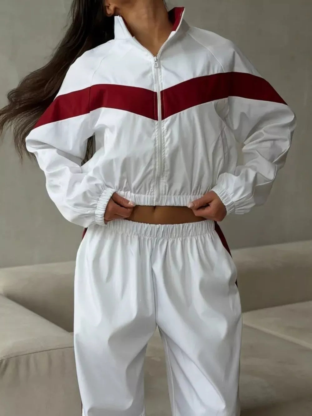 Color Block Zip Up Outerwear And Pants Set in Khaki with elastic waist