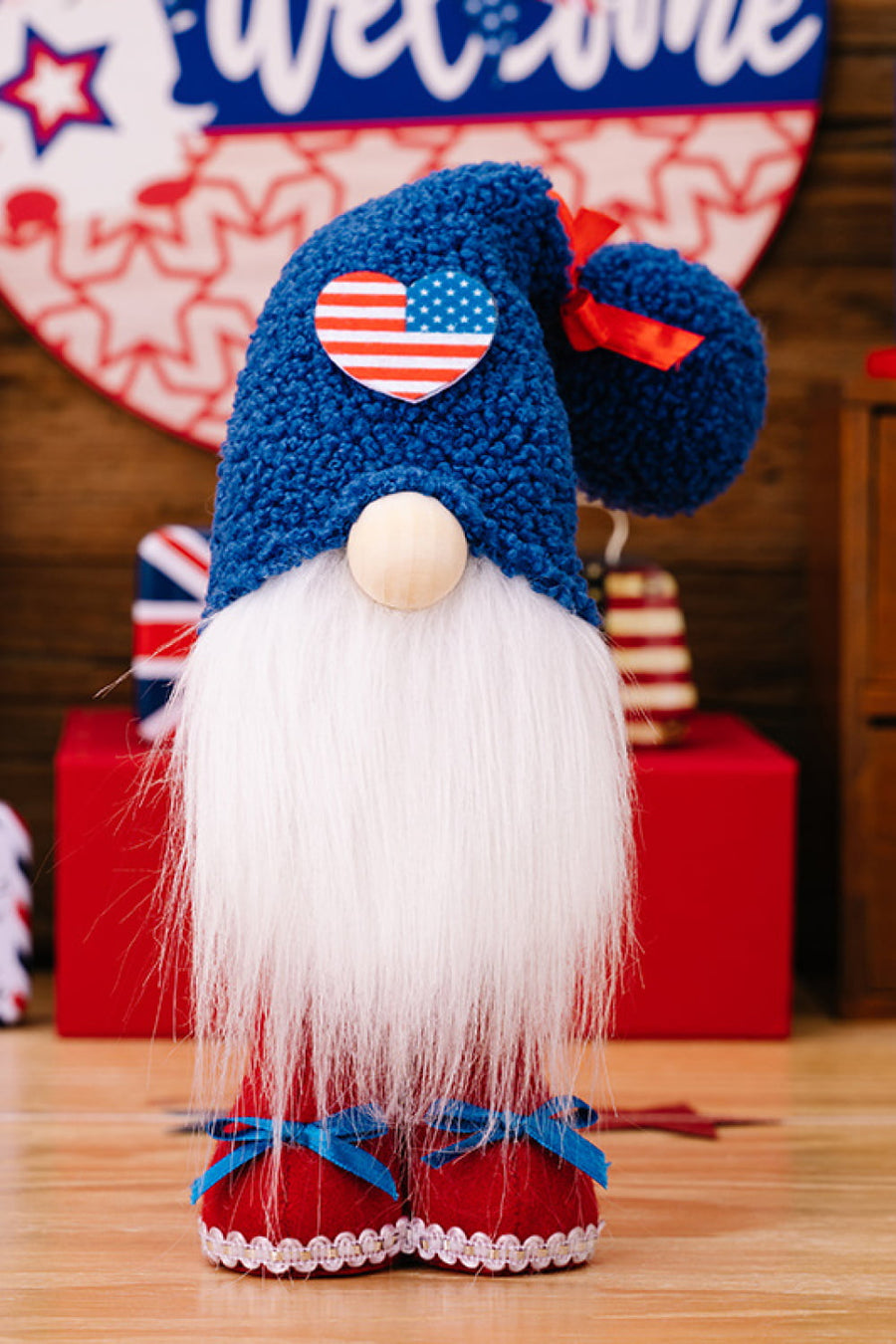 Stars & Stripes Gnome Duo with blue hat, white beard, and red shoes, perfect for 4th of July decor.