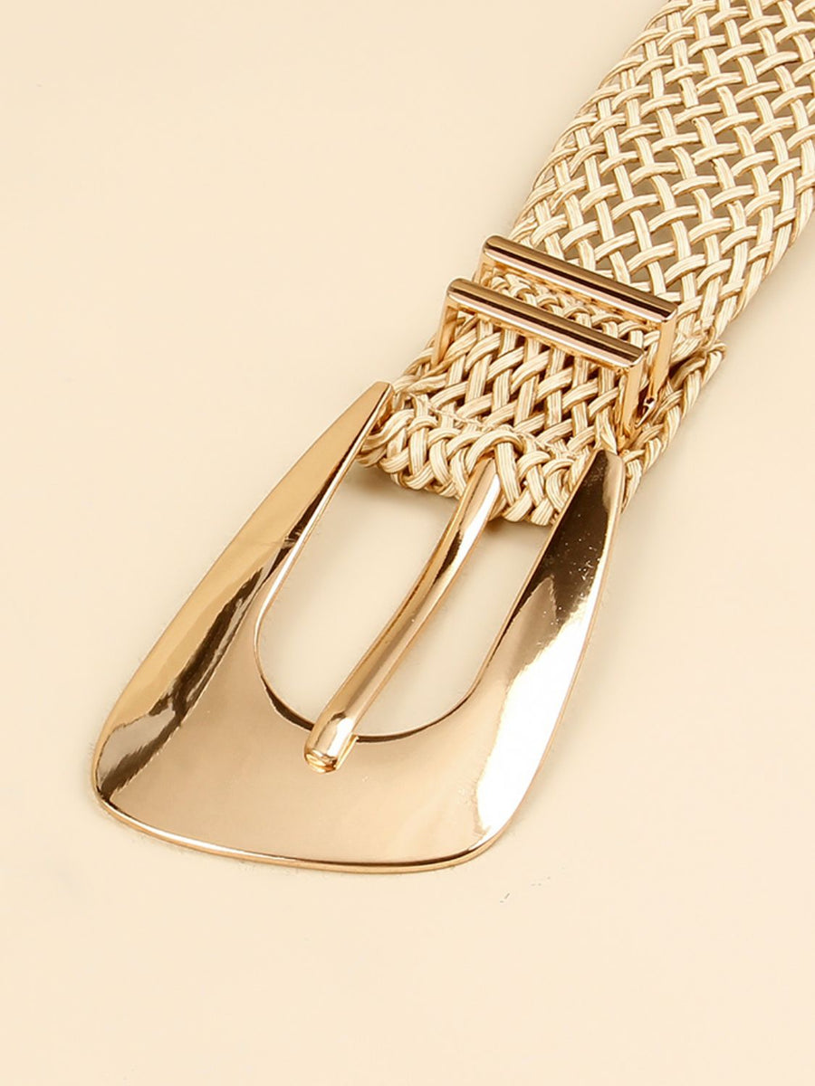 Woven raffia belt in camel with a gold-tone buckle and double keepers.