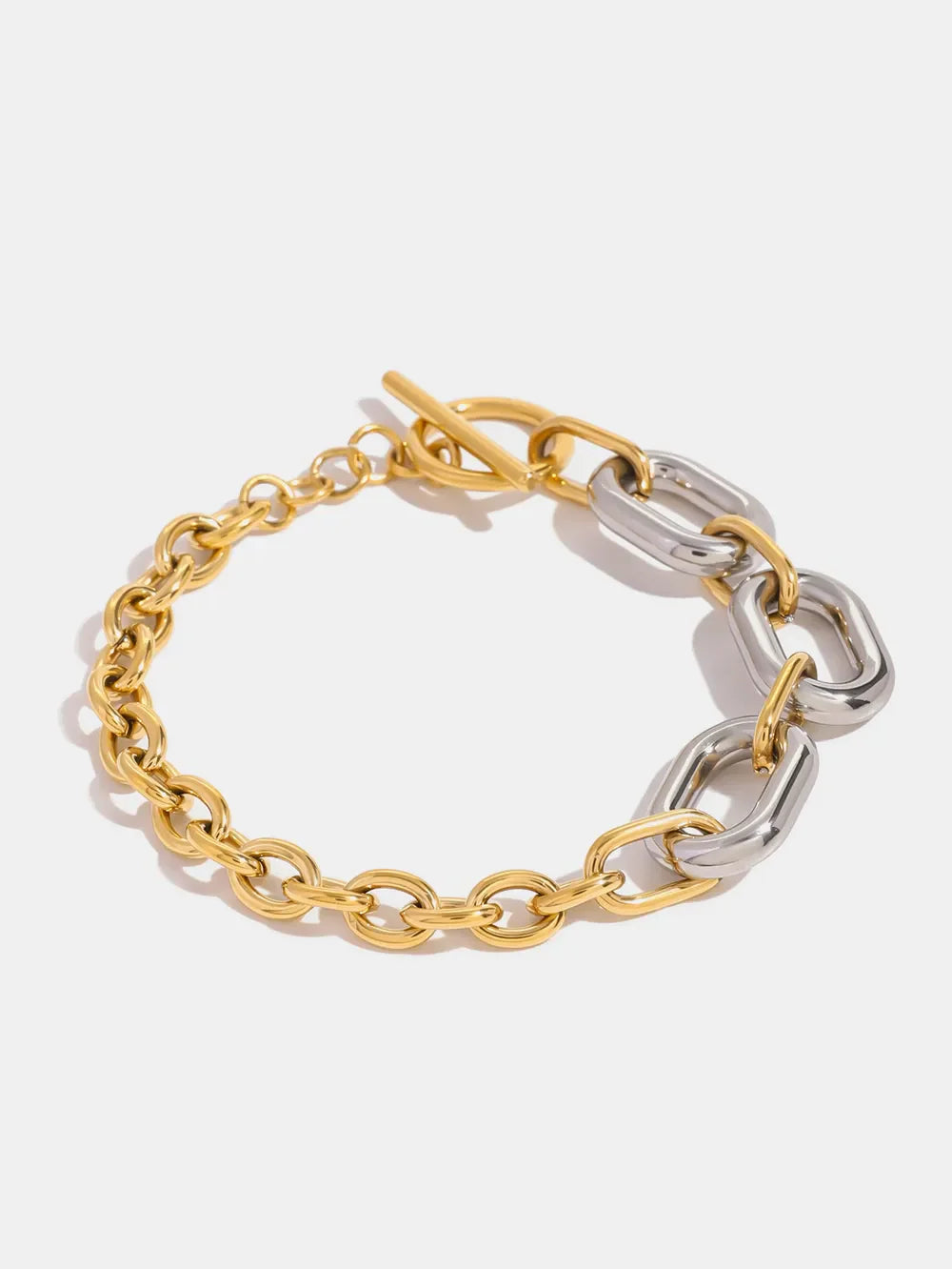 Two-tone chain link bracelet with toggle clasp, gold and silver finish