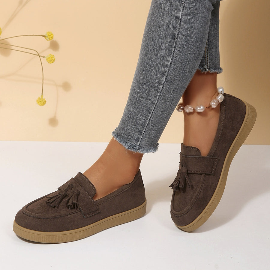 Tassel Suede Loafers With Flat Sole in black with tassels