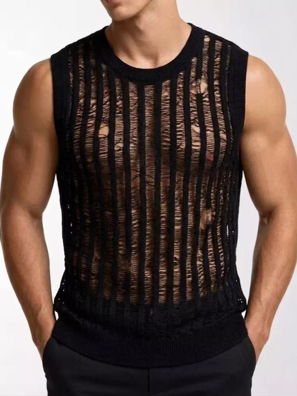 black sweater vest with striped and crew neck
