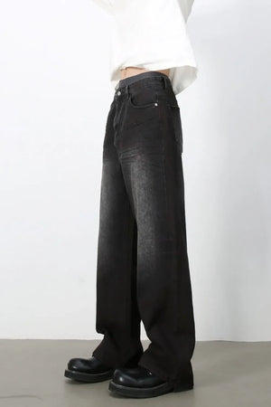 Faded dark wide-leg denim jeans with a casual fit.