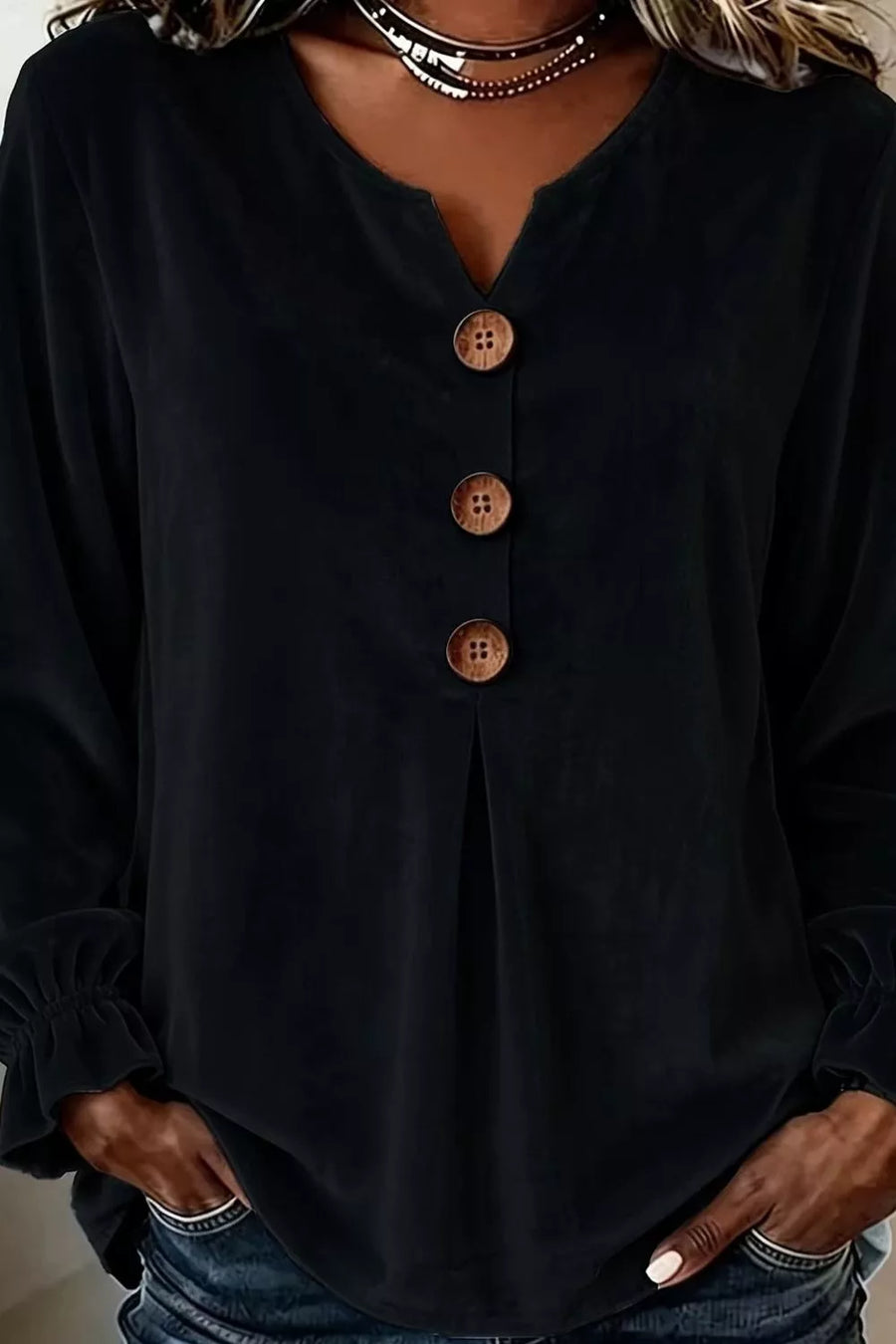 Light Blue with Velvet Button Decor Blouse With Ruffled Cuffs