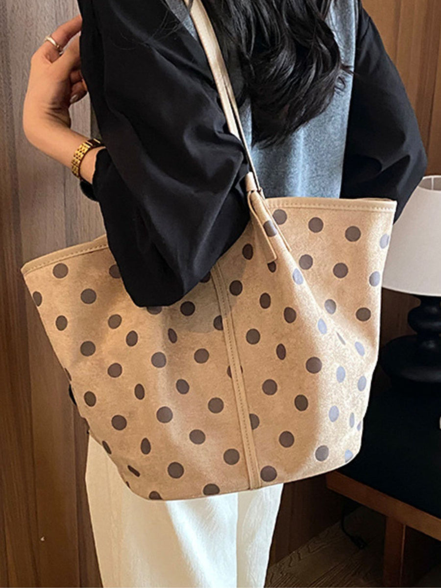 Black tote with open-front and polka-dot
