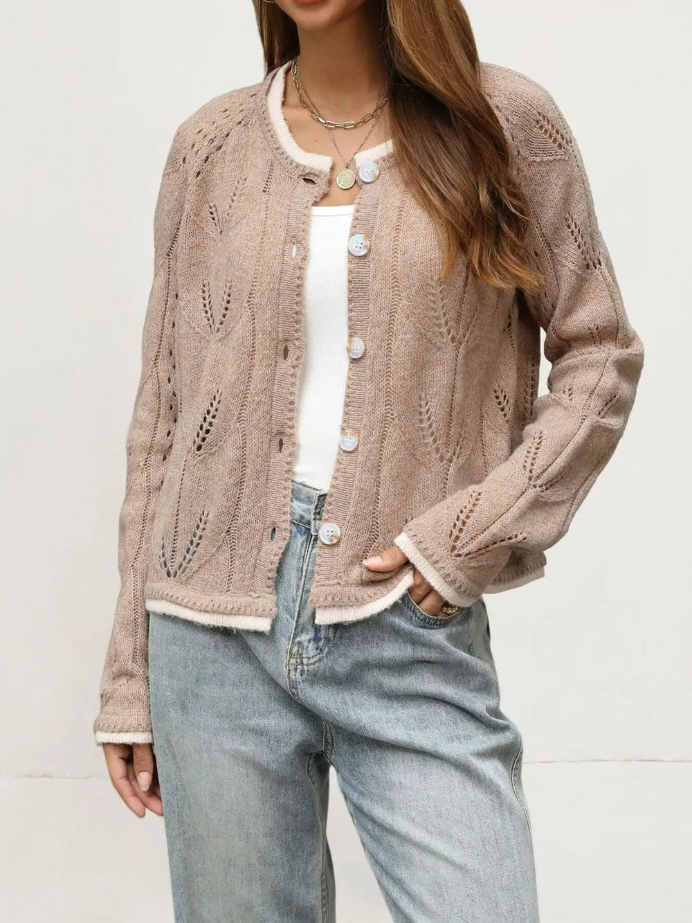 Grey cardigan with hip-length and button-front