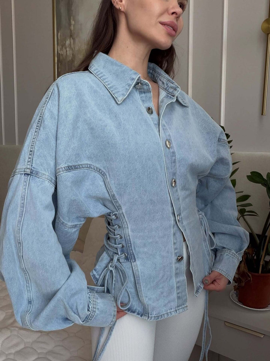 95% cotton, 5% spandex Care instructions: Machine wash cold denim jacket in Light Blue with oversized silhouette