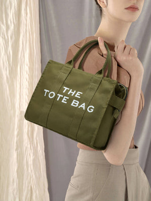 Letter Graphic Canvas Tote Bag in olive green with top handles