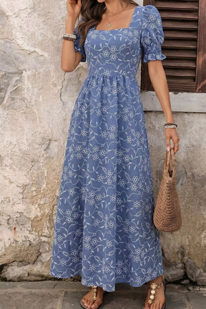 Blue floral embroidered maxi dress with puff sleeves and square neckline