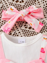 Children's Bow Duck Print Romper With Headband in Pink