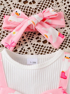 Children's Bow Duck Print Romper With Headband in Pink