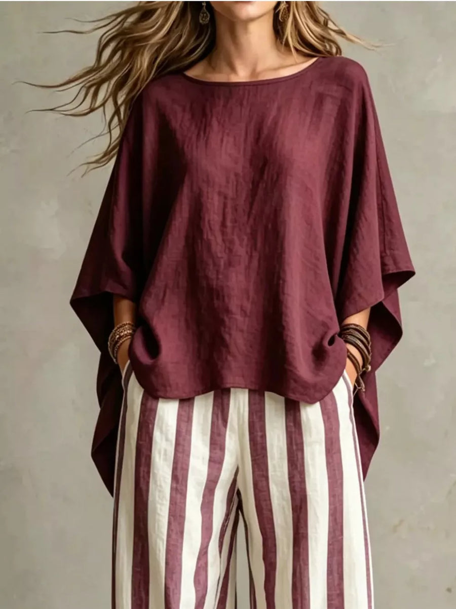 Brown Solid Color Top And Pants Two-piece Set Plus Size