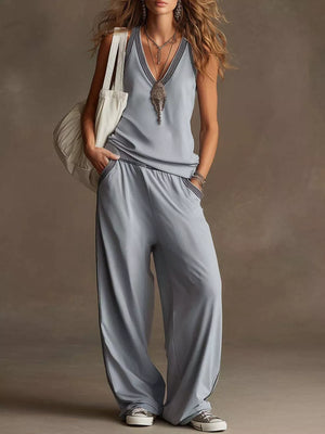 matching set in slate gray featuring pocketed and relaxed fit