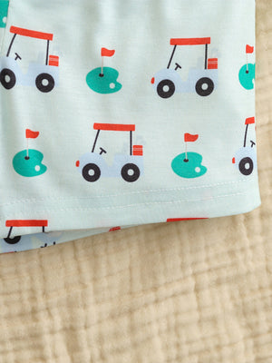 Baby bodysuit and shorts set with a light blue golf cart and golf flag pattern.