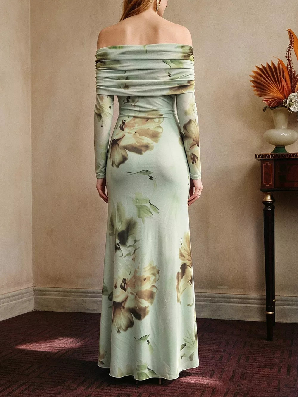 Ruffled Slit Off Shoulder Maxi Dress in Floral