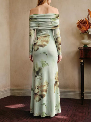 Ruffled Slit Off Shoulder Maxi Dress in Floral