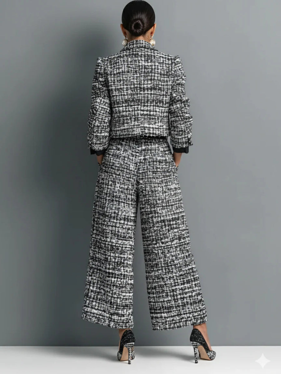 white jacket and pants set featuring buttoned and tweed