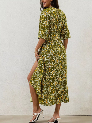 Olive Green A-line wrap dress with v-neck