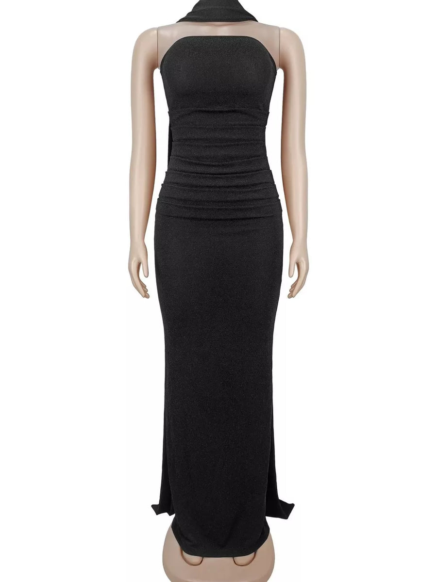 maxi dress in black with glitter and maxi