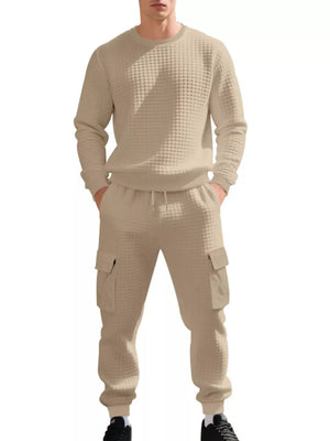 Men's Plus Size Waffle Knit Crewneck Sweatshirt And Jogger Set in Army Green