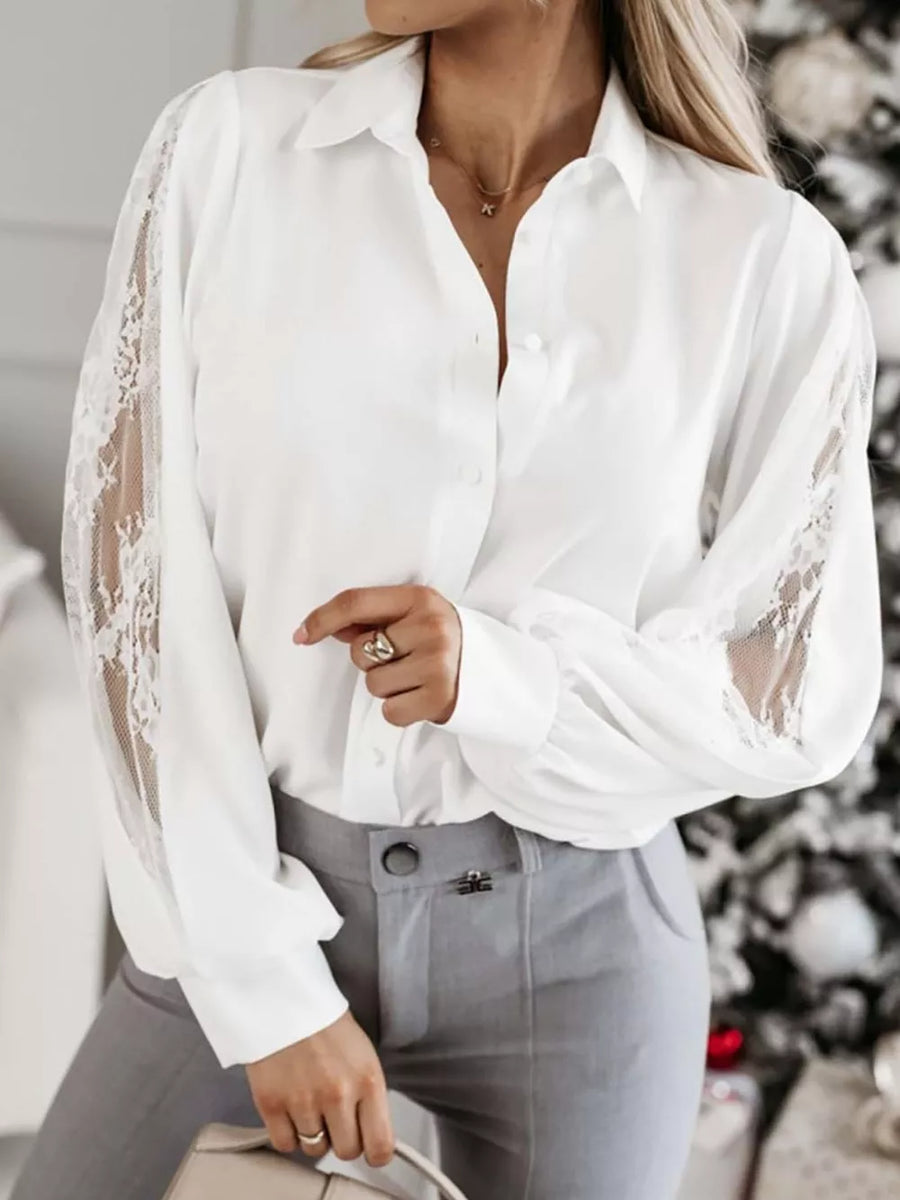 Black with Lace-sleeve Button Up Shirt