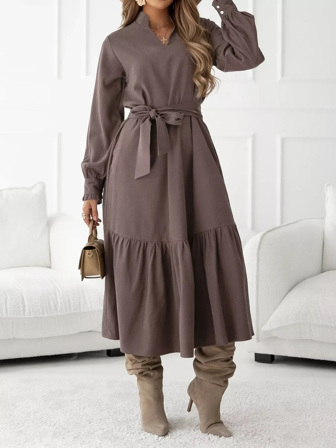 Coffee brown midi dress with ruffle hem, long sleeves, tie waist, and mock neck.