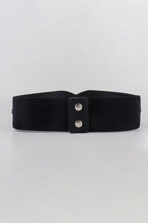 Black elastic belt with faux leather tab and silver double snap closure