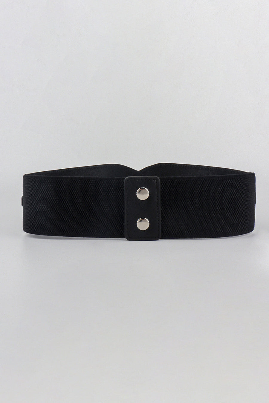 Black elastic belt with faux leather tab and silver double snap closure