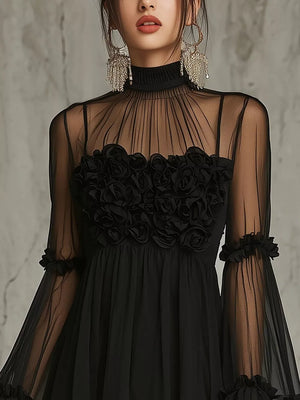 romantic mini dress in Black with mock neck
